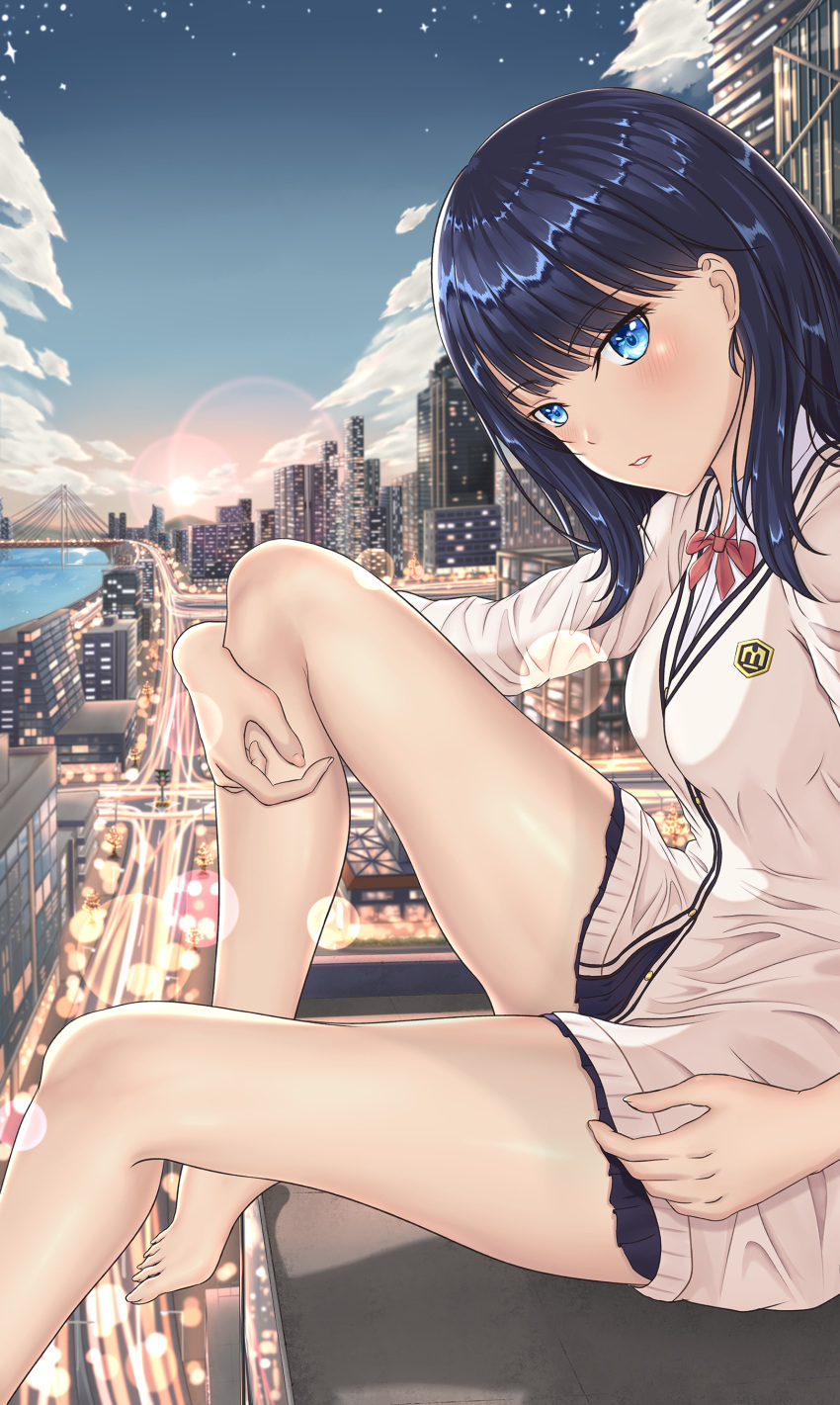 1girl absurdres barefoot black_skirt blue_eyes blue_hair blush breasts bridge building clouds cloudy_sky commentary eyebrows_visible_through_hair feet hand_on_own_leg highres legs lens_flare ling looking_at_viewer night night_sky orange_scrunchie parted_lips red_ribbon ribbon river school_uniform scrunchie skirt sky skyline skyscraper small_breasts ssss.gridman sunset takarada_rikka thighs traditional_media watercolor_pencil_(medium) white_cardigan wrist_scrunchie