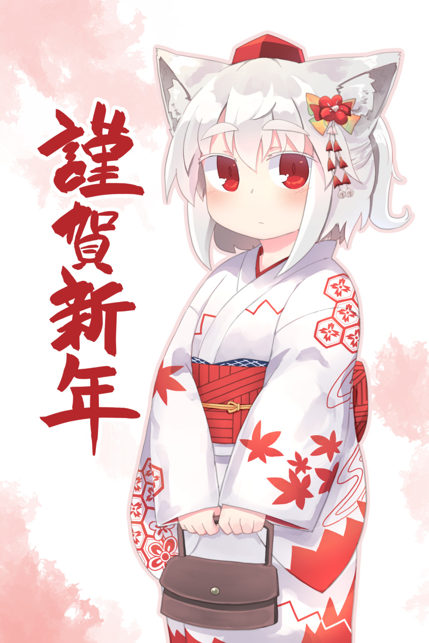 1girl animal_ear_fluff animal_ears bag bangs bell blush closed_mouth eyebrows_visible_through_hair flower hair_between_eyes hair_flower hair_ornament handbag happy_new_year hat highres holding holding_bag inubashiri_momiji japanese_clothes jingle_bell kibisake kimono leaf_print long_sleeves maple_leaf_print nengajou new_year obi ponytail print_kimono red_eyes red_flower red_hat sash silver_hair sleeves_past_wrists solo thick_eyebrows tokin_hat touhou translated white_kimono wide_sleeves wolf_ears