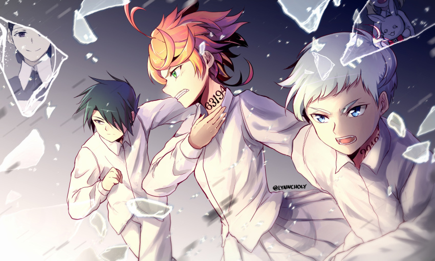 2boys 3girls ahoge arms_up black_hair blue_eyes broken_glass clenched_hand clenched_teeth conny_(yakusoku_no_neverland) emma_(yakusoku_no_neverland) expressionless glass green_eyes grey_background hair_over_one_eye hand_on_own_chest highres holding holding_stuffed_animal long_sleeves looking_at_viewer looking_to_the_side meilynn-hayakan mom_(yakusoku_no_neverland) multiple_boys multiple_girls neck_tattoo norman_(yakusoku_no_neverland) number open_mouth pants pleated_skirt ray_(yakusoku_no_neverland) redhead shards shirt short_hair silver_hair simple_background skirt smile stuffed_animal stuffed_bunny stuffed_toy tattoo teeth thick_eyebrows twitter_username violet_eyes white_pants white_shirt white_skirt yakusoku_no_neverland