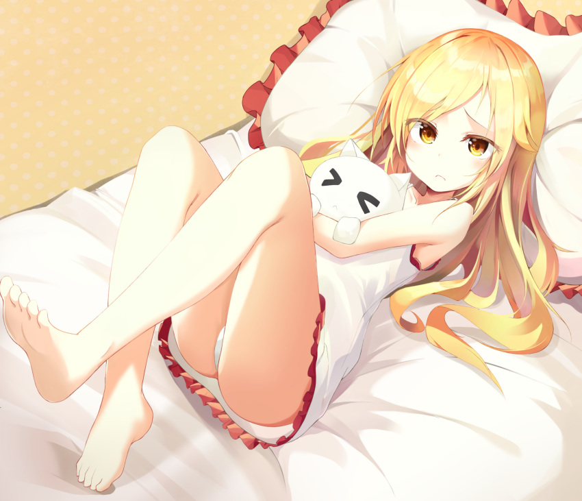 &gt;_&lt; 1girl absurdres apple_ringo ass bangs bare_arms bare_legs bare_shoulders barefoot bed blonde_hair blush cat closed_mouth collarbone dress eyebrows_visible_through_hair frilled_dress frills frown highres knees_up long_hair looking_at_viewer lying on_back on_bed original panties pillow polka_dot short_dress sidelocks sleeveless sleeveless_dress solo thighs underwear white_dress white_panties yellow_eyes
