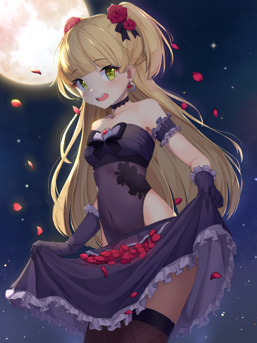 1girl armpits bangs black_gloves black_leotard black_ribbon blonde_hair blunt_bangs blush breasts choker collarbone earrings eyebrows_visible_through_hair floral_print flower foreshortening frilled_armband frilled_gloves frilled_skirt frills full_moon gloves green_eyes hair_flower hair_ornament hair_ribbon heart heart_earrings highres idolmaster idolmaster_cinderella_girls jewelry jougasaki_rika leotard long_hair looking_at_viewer moon night night_sky open_mouth petals raizen_(jung_0000) red_flower red_rose ribbon rose rose_petals round_teeth skirt skirt_lift sky small_breasts teeth thigh-highs thighs twintails