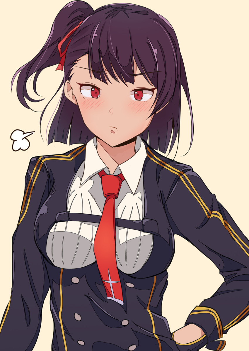 1girl =3 alternate_hair_length alternate_hairstyle blunt_ends blush girls_frontline hair_ribbon half_updo highres necktie niac purple_hair red_eyes ribbon short_hair side_ponytail sigh uniform wa2000_(girls_frontline)