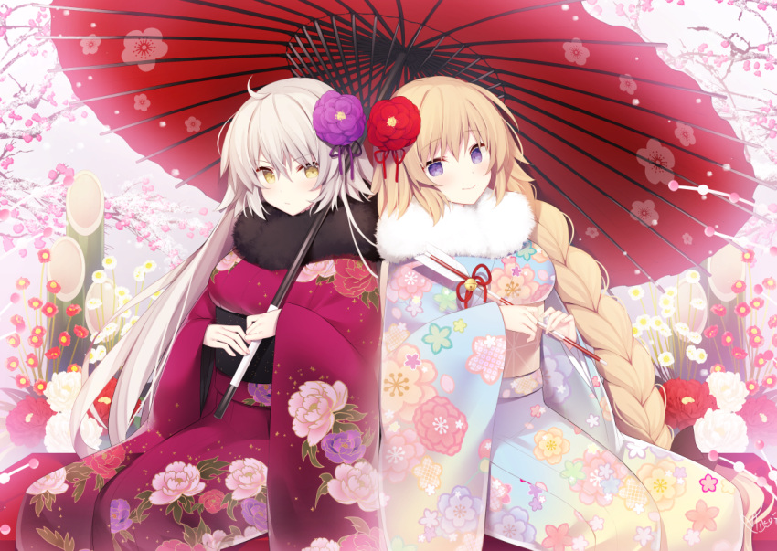 2girls ahoge arrow bamboo bangs blonde_hair blue_kimono braid breasts cherry_blossoms eyebrows_visible_through_hair fate/grand_order fate_(series) floral_print flower fur_collar furisode hair_between_eyes hair_flower hair_ornament hamaya holding holding_umbrella japanese_clothes jeanne_d'arc_(alter)_(fate) jeanne_d'arc_(fate) jeanne_d'arc_(fate)_(all) kimono long_hair long_sleeves looking_at_viewer medium_breasts miko_92 multiple_girls obi oriental_umbrella print_kimono purple_flower purple_kimono red_flower sash side-by-side sidelocks signature silver_hair single_braid sitting sleeves_past_wrists tree_branch umbrella very_long_hair violet_eyes white_flower wide_sleeves yellow_eyes