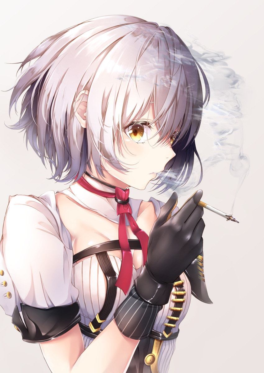 1girl absurdres bandolier breasts cigarette cleavage girls_frontline gloves highres katsuya_228 looking_at_viewer messy_hair neck_ribbon ribbon short_hair silver_hair smoke smoking solo vector_(girls_frontline) yellow_eyes