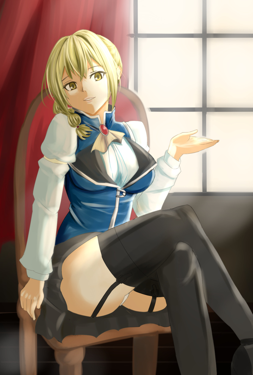 1girl black_legwear black_skirt blonde_hair braid breasts chair commentary_request cravat garter_straps goblin_slayer! guild_girl_(goblin_slayer!) hair_between_eyes head_tilt highres large_breasts legs_crossed looking_at_viewer medium_hair panties pantyshot pantyshot_(sitting) sanukiske shrug single_braid sitting skirt solo thigh-highs underwear uniform white_panties yellow_eyes