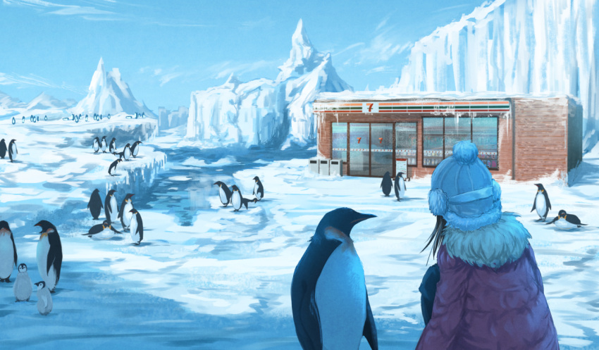 1girl 7-eleven bird black_hair blue_sky building clouds commentary_request convenience_store day earmuffs emperor_penguin from_behind fur_trim hat ice jacket knit_hat long_hair long_sleeves original outdoors penguin pom_pom_(clothes) purple_jacket roke_(taikodon) scenery shop sky solo upper_body white_hat