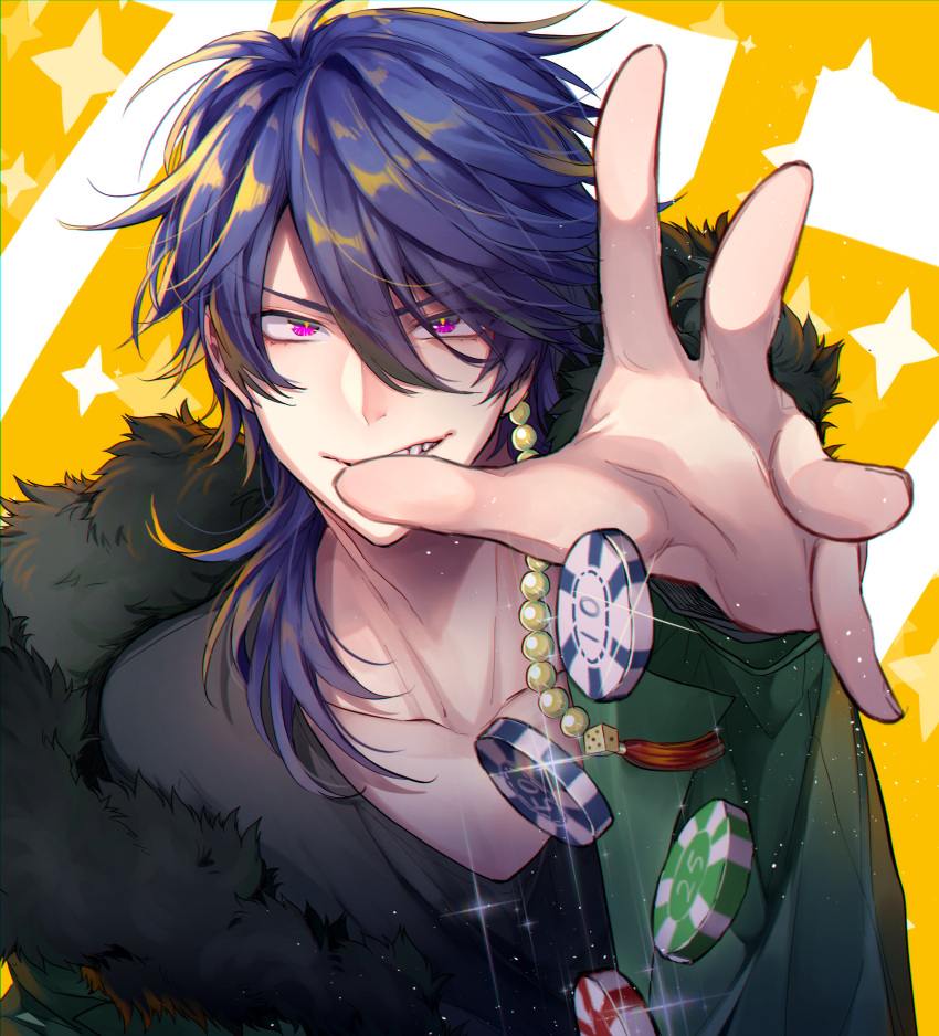 1boy absurdres arisugawa_dice black_shirt blue_hair collarbone commentary_request dice dice_hair_ornament eyebrows_visible_through_hair fur-trimmed_jacket fur_trim green_jacket grin hair_between_eyes hair_ornament hair_over_shoulder hands highres hypnosis_mic jacket long_sleeves looking_at_viewer male_focus medium_hair nanin pink_eyes poker_chip shirt smile solo upper_body v-shaped_eyebrows