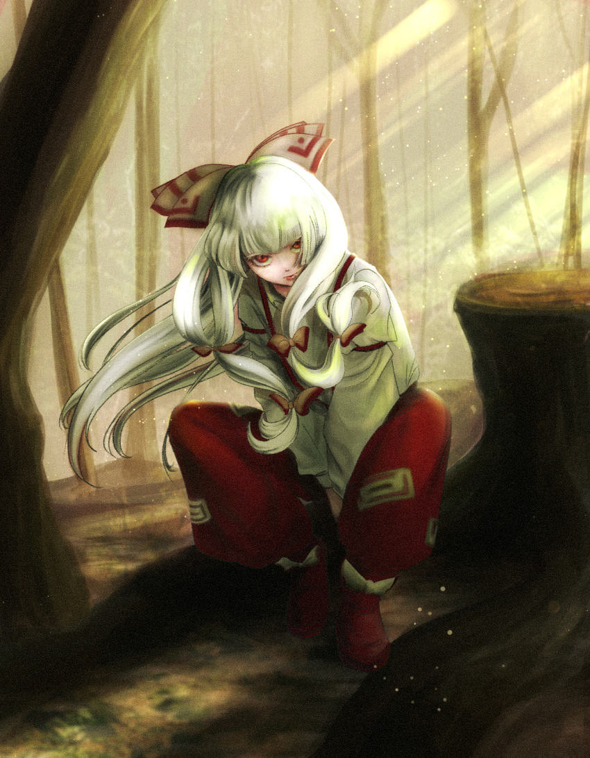 1girl ankle_boots armband bangs between_legs blunt_bangs boots bow day expressionless faux_traditional_media forest fujiwara_no_mokou hair_blowing hair_bow hair_ribbon hand_between_legs head_tilt highres kubrick_stare light_particles light_rays lips long_hair long_sleeves looking_at_viewer nature ofuda onigirigoburin outdoors pants red_eyes red_footwear red_pants ribbon shirt sidelocks sitting solo sunbeam sunlight touhou tree_stump tress_ribbon very_long_hair white_hair white_shirt wind