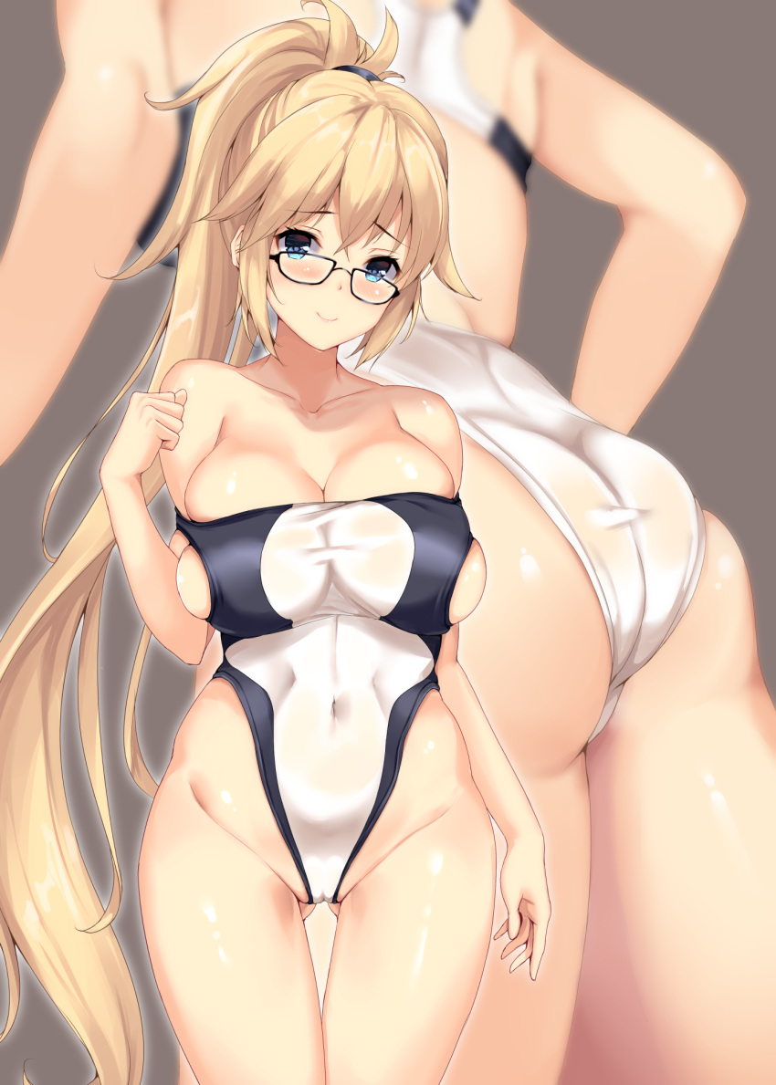 1girl ass black-framed_eyewear black_swimsuit blonde_hair blue_eyes breasts collarbone competition_swimsuit covered_navel fate/grand_order fate_(series) fukuda_shuushi glasses grey_background highleg highleg_swimsuit highres jeanne_d'arc_(fate)_(all) jeanne_d'arc_(swimsuit_archer) large_breasts long_hair multicolored multicolored_clothes multicolored_swimsuit multiple_views off_shoulder one-piece_swimsuit ponytail sidelocks simple_background smile swimsuit very_long_hair white_swimsuit