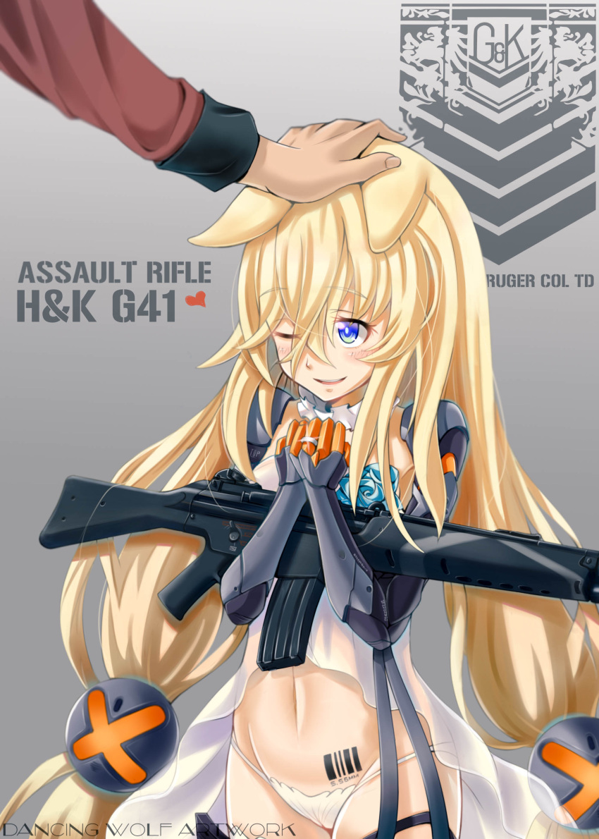 1girl absurdres animal_ears barcode_tattoo blonde_hair blue_eyes character_name chinese_commentary commentary cyborg dancing_wolf g41_(girls_frontline) girls_frontline groin gun h&amp;k_g41 hair_between_eyes heckler_&amp;_koch highres holding holding_gun holding_weapon jewelry long_hair mechanical_arm one_eye_closed panties petting ring simple_background solo_focus tattoo twintails underwear very_long_hair watermark weapon wedding_ring