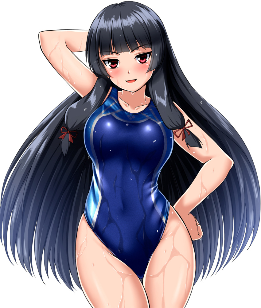 1girl alternate_costume black_hair blue_swimsuit blush breasts collarbone competition_swimsuit eyebrows_visible_through_hair hair_between_eyes hair_ribbon hand_behind_head hand_on_hip highres isokaze_(kantai_collection) kantai_collection large_breasts long_hair looking_at_viewer one-piece_swimsuit open_mouth red_eyes red_ribbon ribbon simple_background smile solo standing swimsuit tress_ribbon water_drop wet wet_clothes wet_swimsuit white_background zanntetu