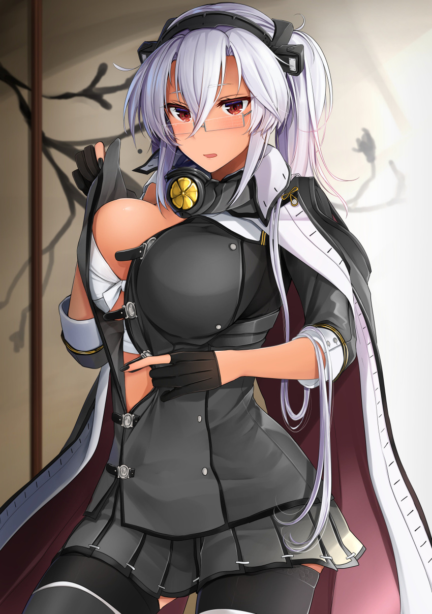 1girl absurdres black_bow black_legwear black_nails blush bow breasts buttons cardigan collar dark_skin day eyebrows_visible_through_hair garter_straps glasses grey_jacket grey_skirt hair_between_eyes hair_bow headgear highres indoors jacket kantai_collection large_breasts long_hair musashi_(kantai_collection) nail_polish open_mouth partially_undressed pleated_skirt red_eyes remodel_(kantai_collection) sakuramon sarashi semi-rimless_eyewear silver-framed_eyewear silver_hair skirt sleeves_past_wrists smile solo thigh-highs twintails undressing yunamaro