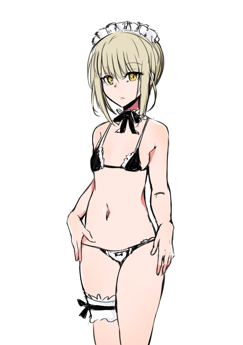 1girl absurdres artoria_pendragon_(all) artoria_pendragon_(swimsuit_rider_alter) bangs bare_arms bare_shoulders black_bow black_bra bow bow_panties bra closed_mouth eyebrows_visible_through_hair fate/grand_order fate_(series) hair_between_eyes highres leg_garter light_brown_hair looking_at_viewer maid_headdress nakatokung navel panties sidelocks simple_background solo standing underwear white_background white_panties yellow_eyes