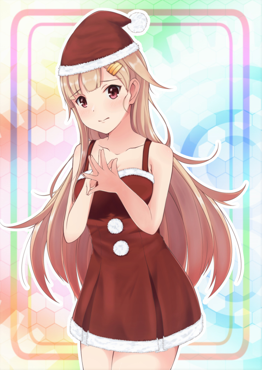 1girl blonde_hair collarbone cowboy_shot dress eyebrows_visible_through_hair floating_hair fur-trimmed_dress fur-trimmed_hat hair_ornament hairclip hat highres kantai_collection long_hair looking_at_viewer red_dress red_eyes red_hat santa_costume santa_hat short_dress sleeveless sleeveless_dress solo standing taka-chan very_long_hair yuudachi_(kantai_collection)