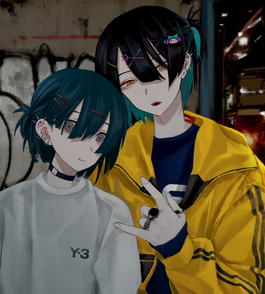 2boys absurdres androgynous aqua_hair bangs black_hair blunt_bangs brown_eyes choker graffiti grey_eyes hair_between_eyes hair_ornament hair_up hairclip highres honda_souichi hood hooded_jacket jacket jewelry looking_at_viewer male_focus multicolored_hair multiple_boys original piercing ring short_hair smile tied_hair tsurime two-tone_hair upper_body