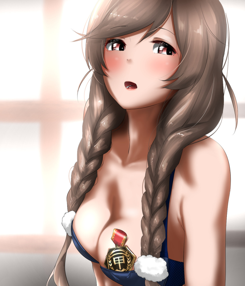 1girl blue_bra blush bra braid breasts eyebrows_visible_through_hair hair_between_eyes highres kantai_collection large_breasts light_brown_hair long_hair looking_at_viewer minegumo_(kantai_collection) mvp open_mouth solo sunlight tama_(seiga46239239) twin_braids underwear window