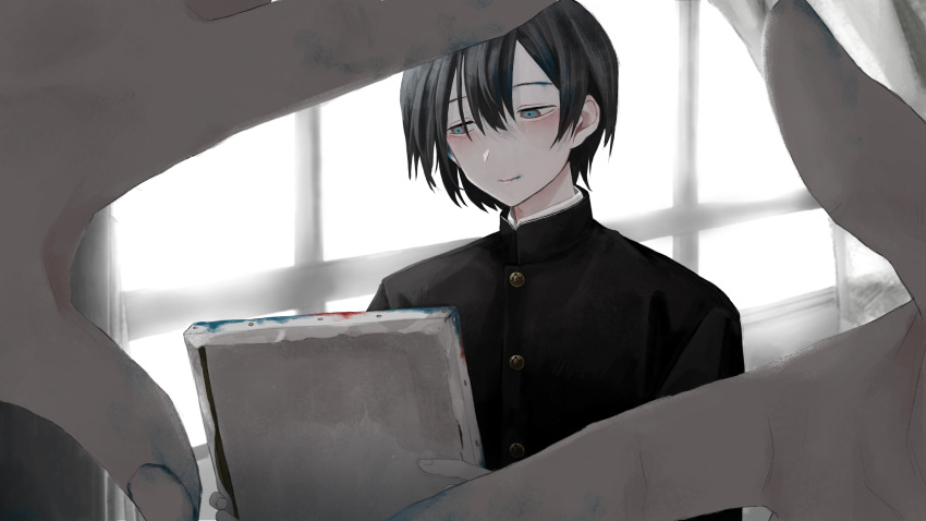 1boy absurdres black_hair blue_eyes canvas_(object) gakuran highres honda_souichi male_focus original out_of_frame paint pov school_uniform short_hair smile solo_focus window