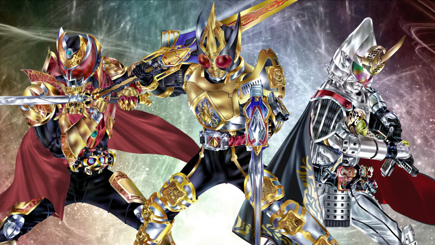 3boys absurdres armor black_cape cape dual_wielding full_armor gold_armor highres holding holding_sword holding_weapon kamen_rider kamen_rider_blade kamen_rider_blade_(king_form) kamen_rider_blade_(series) kamen_rider_gaim kamen_rider_gaim_(kiwami_arms) kamen_rider_gaim_(series) kamen_rider_kiva kamen_rider_kiva_(emperor_form) kamen_rider_kiva_(series) kuzurx multicolored multicolored_eyes multiple_boys red_cape red_eyes sword tokusatsu visor weapon