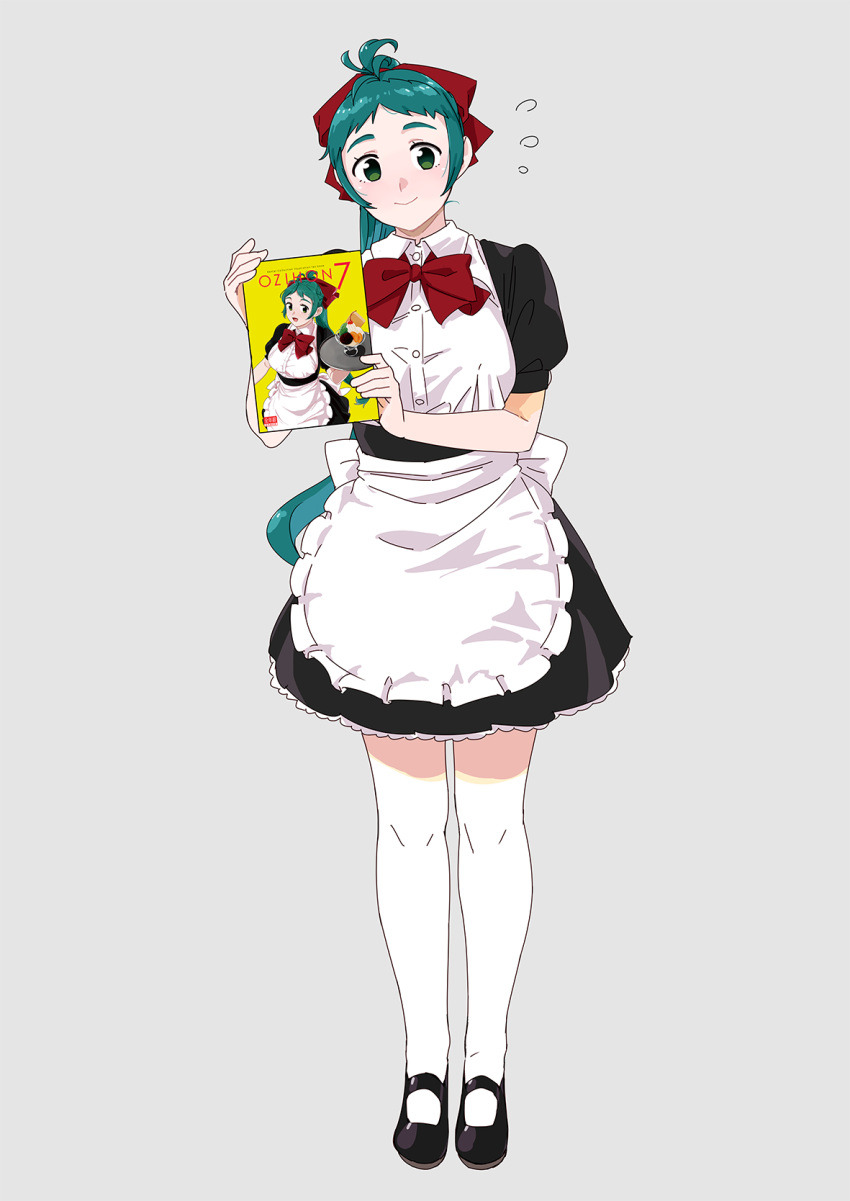 1girl alternate_costume apron black_dress black_footwear book dress enmaided frilled_apron frills full_body green_eyes green_hair grey_background hair_ribbon highres irako_(kantai_collection) kantai_collection long_hair looking_at_viewer maid maid_apron mary_janes ojipon ponytail puffy_short_sleeves puffy_sleeves red_ribbon ribbon shoes short_sleeves simple_background solo standing waist_apron white_apron