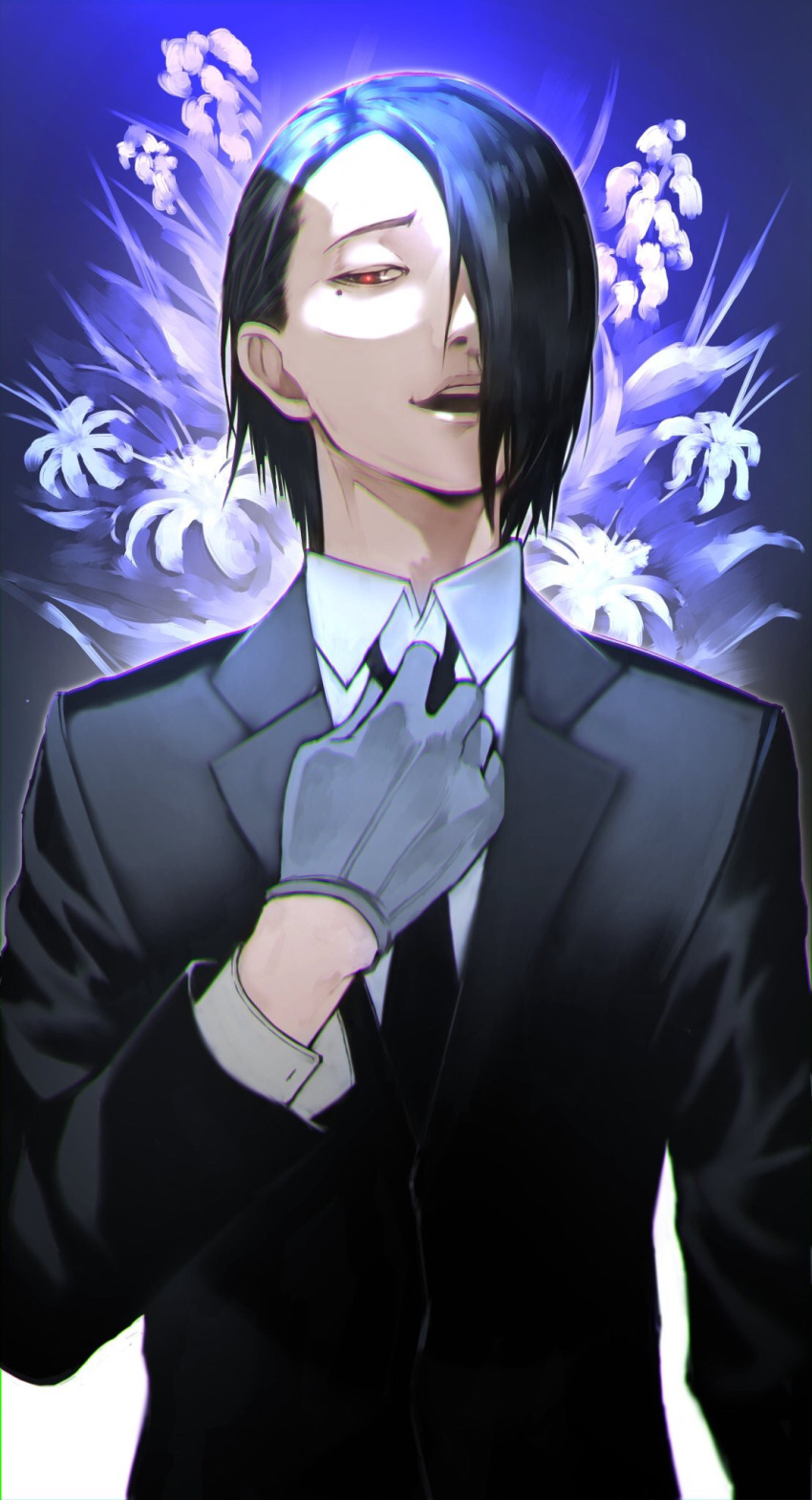 1boy 55level black_hair black_jacket black_neckwear blue_gloves commentary_request flower formal furuta_nimura gloves hair_over_one_eye half-closed_eye highres jacket looking_down male_focus mole mole_under_eye necktie one_eye_covered open_mouth red_eyes shirt short_hair solo tokyo_ghoul tokyo_ghoul:re upper_body white_shirt