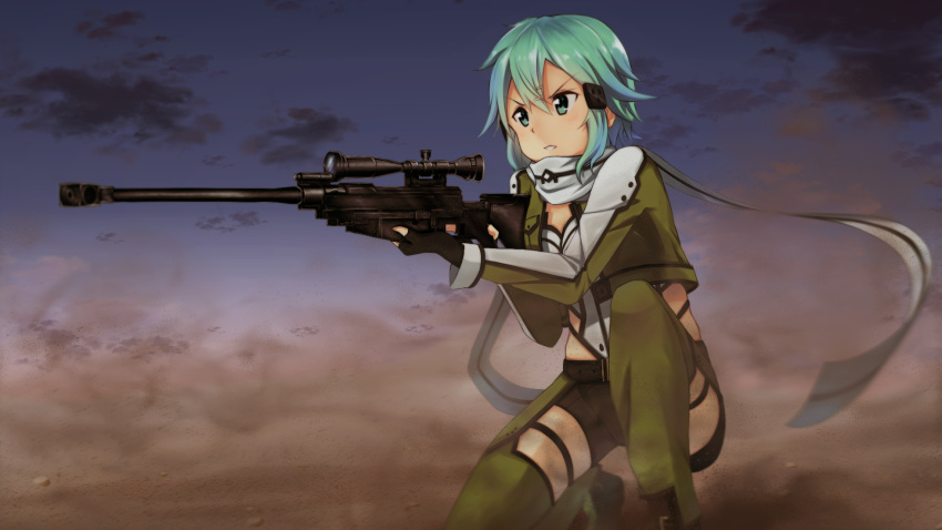 1girl aqua_hair black_gloves black_shorts blue_eyes blue_sky clouds crop_top dust fingerless_gloves gloves green_jacket green_legwear gun hair_between_eyes hair_ornament hairclip highres holding holding_gun holding_weapon jacket leotard one_knee open_clothes open_jacket outdoors parted_lips pgm_hecate_ii rifle scarf short_hair short_shorts shorts sidelocks sinon sky sniper_rifle solo sword_art_online taka-chan thigh_strap v-shaped_eyebrows weapon white_leotard white_scarf