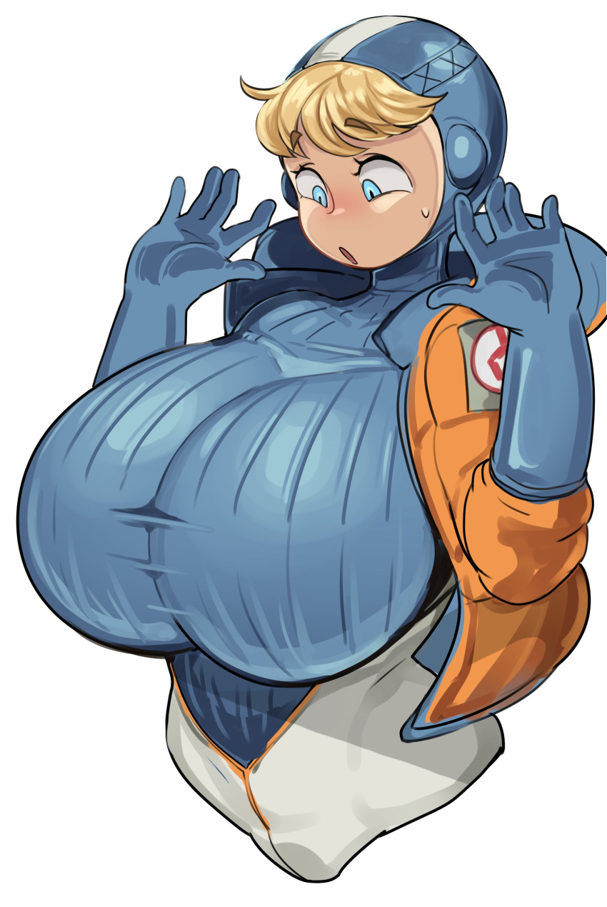 1girl absurdres apex_legends bangs blue_bodysuit blue_eyes blue_gloves blue_headwear blush bodysuit breasts chamchami eyebrows_visible_through_hair gloves highres hood hooded_jacket huge_breasts jacket looking_down open_hands open_mouth orange_jacket ribbed_bodysuit solo surprised sweatdrop wattson_(apex_legends) white_background white_bodysuit