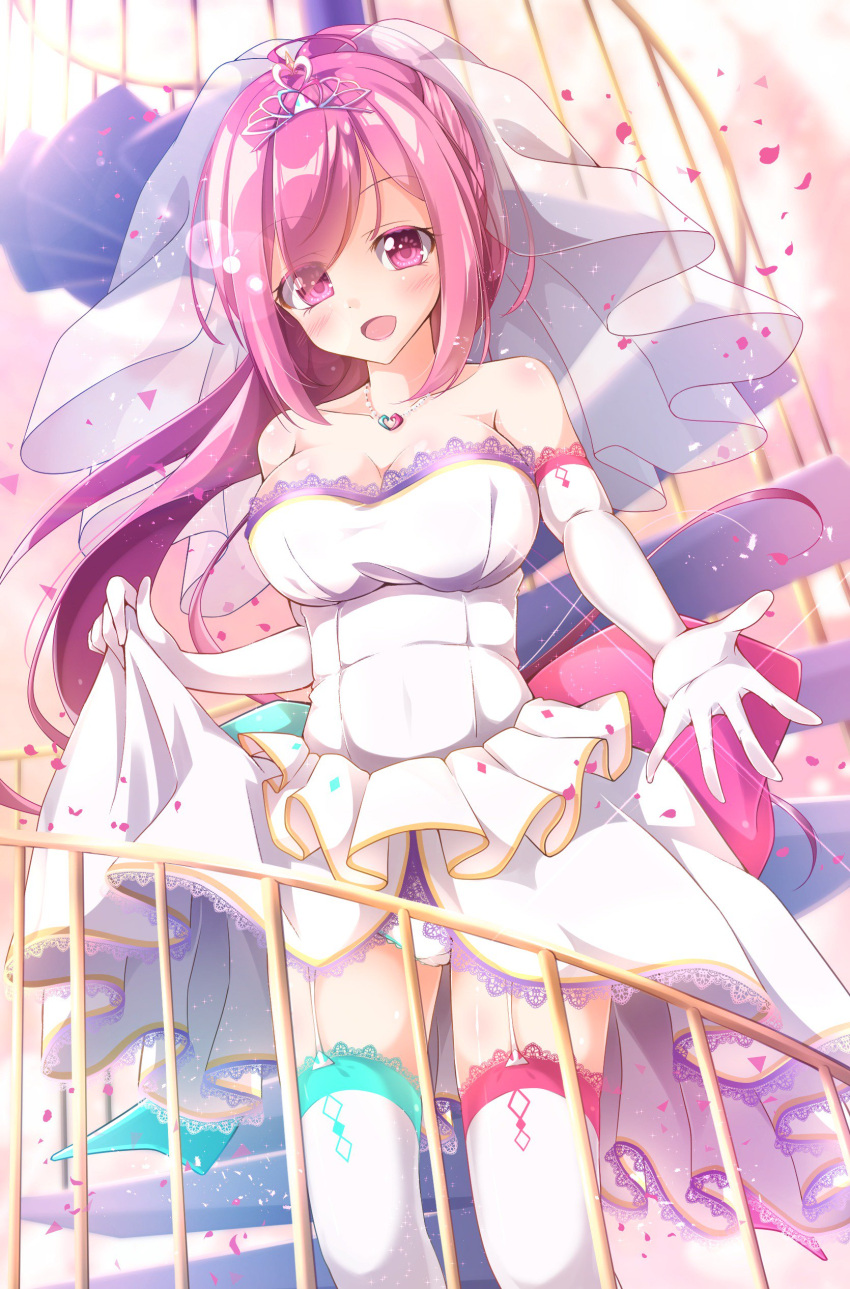 1girl absurdres ahoge breasts bridal_veil brooch cleavage dress elbow_gloves ex_takehito eyebrows eyebrows_visible_through_hair eyes_visible_through_hair garter_straps gloves heart heart_necklace highres holding_dress jewelry large_breasts long_hair looking_at_viewer mismatched_legwear open_mouth panties pantyshot pantyshot_(standing) petals pink_eyes pink_hair rasis skirt_hold sound_voltex spiral_staircase stairs standing thigh-highs tiara underwear veil wedding_dress