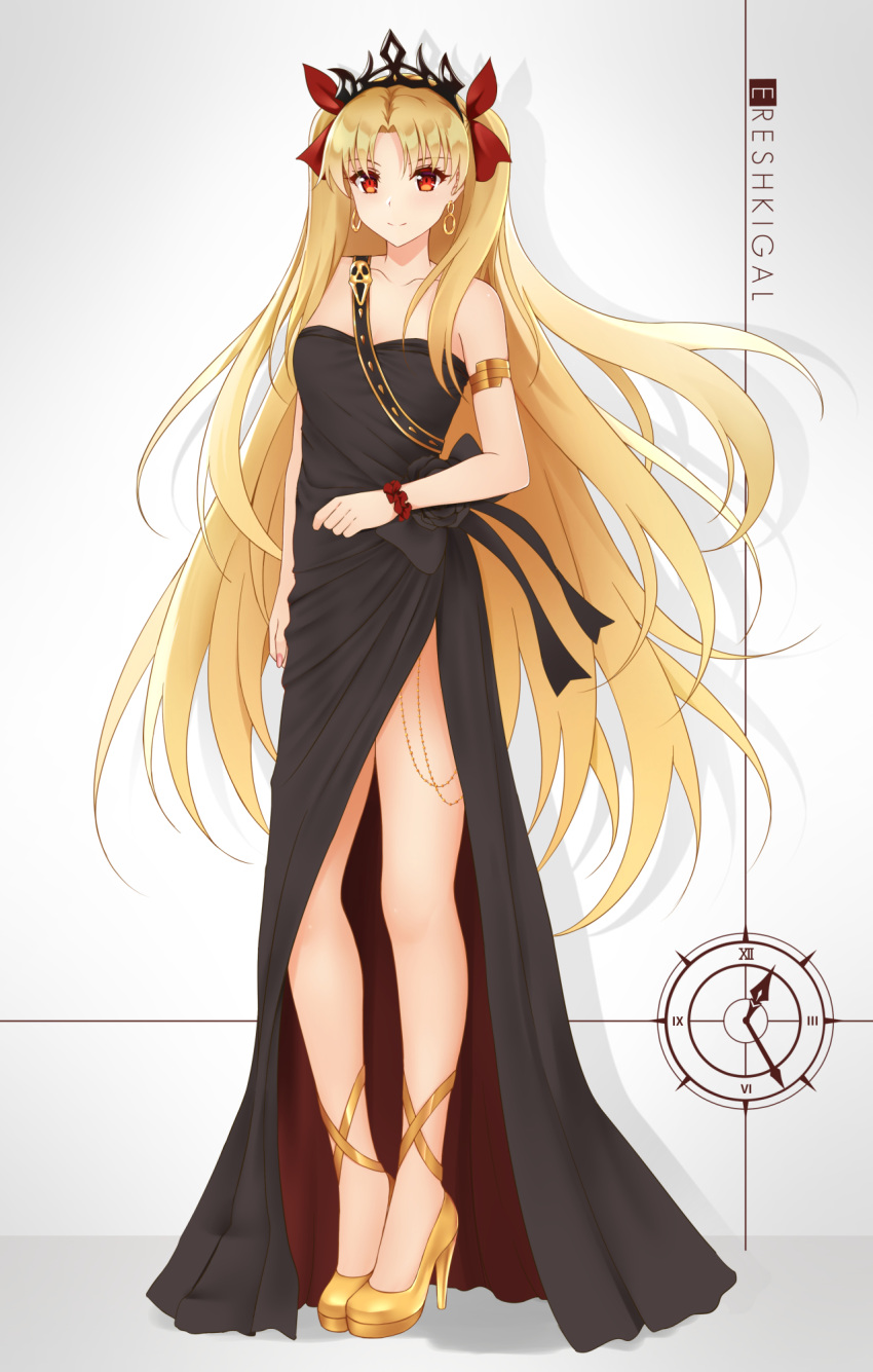 1girl arm_at_side armlet bare_arms bare_legs bare_shoulders black_dress blonde_hair blush character_name clock closed_mouth collarbone colored_eyelashes commentary_request dress earrings ereshkigal_(fate/grand_order) eyebrows_visible_through_hair fate_(series) full_body grey_background hair_ribbon high_heels highres jewelry long_hair looking_at_viewer nail_polish no_legwear no_socks pelvic_curtain pink_nails red_eyes red_ribbon ribbon rko_(a470350510) scrunchie shadow smile solo standing straight_hair strapless strapless_dress tiara very_long_hair wrist_scrunchie yellow_footwear