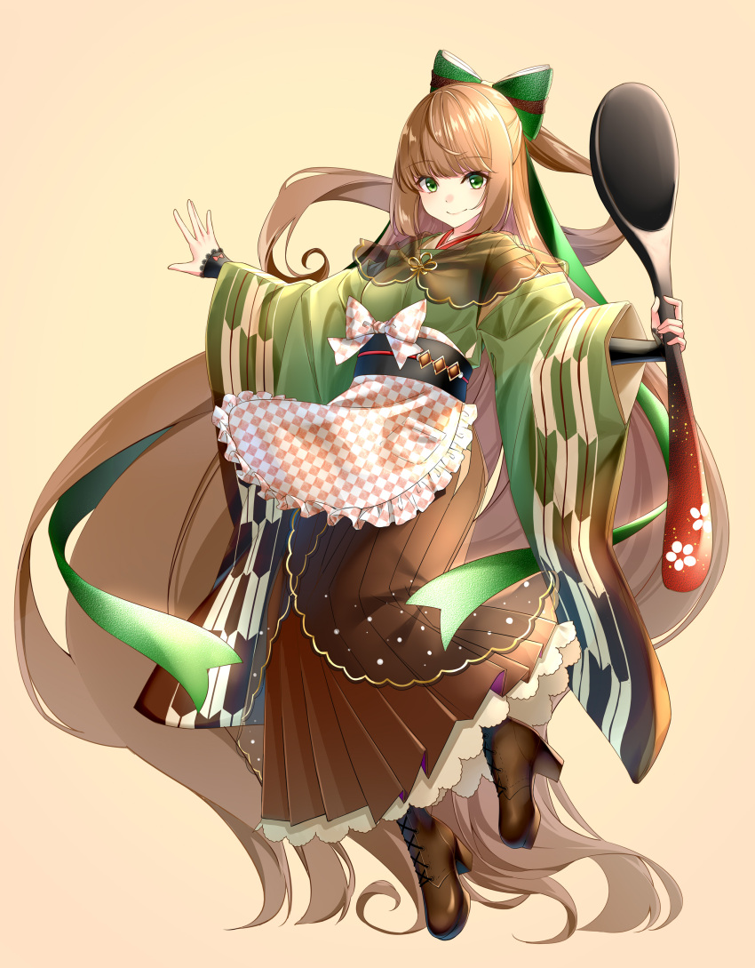 1girl absurdres apron arm_warmers bangs boots brown_background brown_footwear brown_hair brown_hakama checkered checkered_apron closed_mouth commentary_request cross-laced_footwear eyebrows_visible_through_hair food_fantasy frilled_apron frills full_body green_eyes green_ribbon hair_ribbon hakama half_updo high_heel_boots high_heels highres holding holding_spoon japanese_clothes long_hair looking_at_viewer maid_apron ribbon rukinya_(nyanko_mogumogu) sidelocks simple_background sleeves_past_wrists smile solo spoon tiramisu_(food_fantasy) very_long_hair wide_sleeves