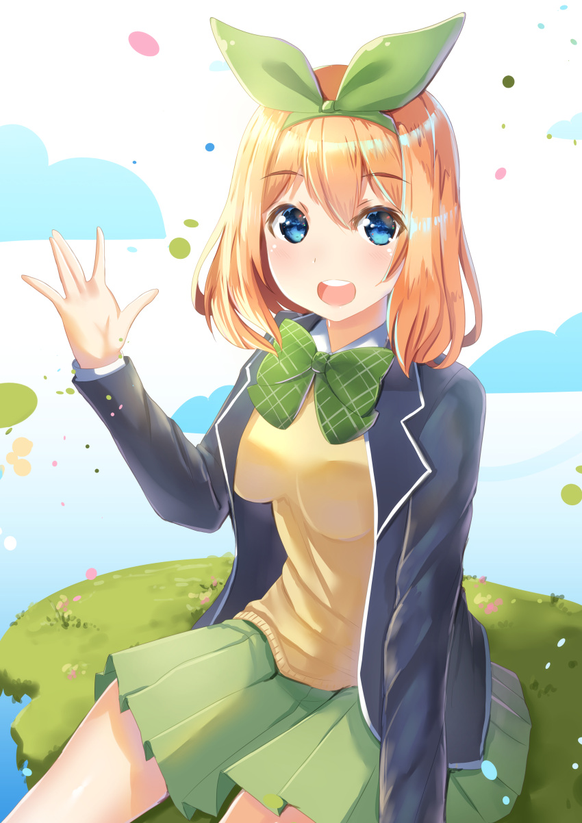 1girl :d absurdres bangs blazer blue_eyes blue_jacket blush bow breasts collared_shirt commentary_request eyebrows_visible_through_hair go-toubun_no_hanayome grass green_bow green_hairband green_ribbon green_skirt hair_between_eyes hair_ribbon hairband highres holmemee jacket light_brown_hair medium_breasts nakano_yotsuba open_blazer open_clothes open_jacket open_mouth pleated_skirt ribbon round_teeth shirt skirt smile solo sweater_vest teeth upper_teeth white_shirt