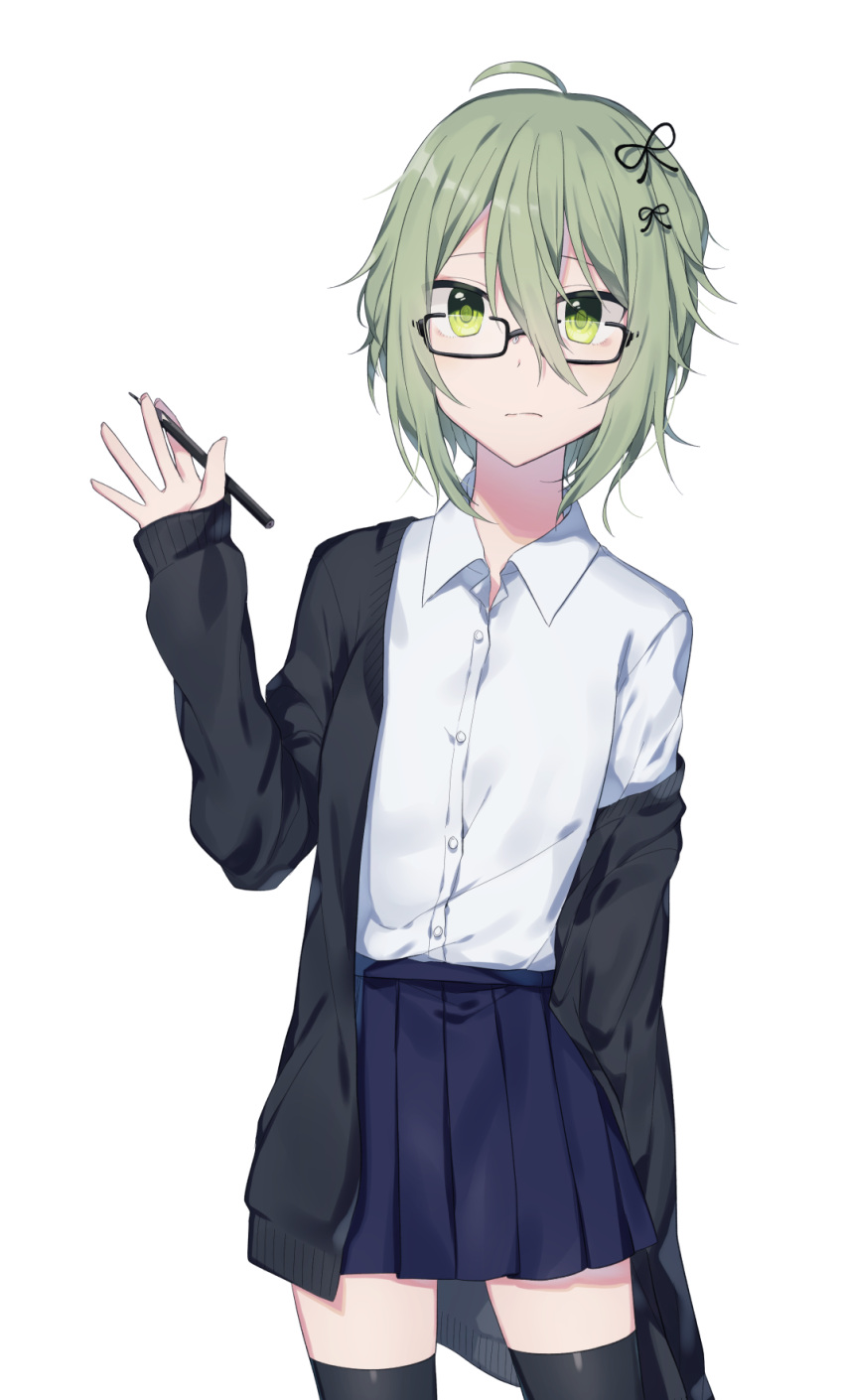 1girl ahoge bangs black-framed_eyewear black_jacket black_legwear blue_skirt blush closed_mouth collared_shirt commentary_request cowboy_shot dress_shirt eyebrows_behind_hair fingernails glasses green_eyes green_hair hair_between_eyes hand_up highres holding jacket leaning_to_the_side long_sleeves minamiya_mia off_shoulder open_clothes open_jacket original pleated_skirt shirt skirt sleeves_past_wrists solo thigh-highs white_shirt
