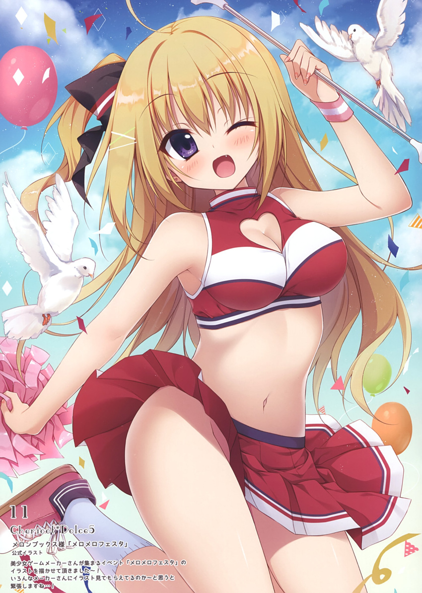 1girl ;d absurdres bird black_bow blonde_hair blue_eyes bow breasts cheerleader cleavage cleavage_cutout clouds crop_top day eyebrows_visible_through_hair fang floating_hair hair_between_eyes hair_bow heart_cutout highres holding jumping kneehighs leg_up long_hair matsumiya_kiseri medium_breasts miniskirt navel no_panties one_eye_closed open_mouth original outdoors pink_footwear pleated_skirt pom_poms shiny shiny_hair side_ponytail skirt smile solo very_long_hair white_legwear wristband