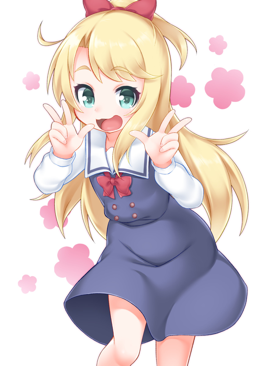 1girl :d bangs blonde_hair blue_dress blush bow bowtie commentary_request double_v dress eyebrows_visible_through_hair green_eyes hair_bow hands_up high_ponytail highres himesaka_noa kirisame_mia long_hair long_sleeves open_mouth ponytail red_bow red_neckwear school_uniform shirt simple_background sleeveless sleeveless_dress smile solo v very_long_hair watashi_ni_tenshi_ga_maiorita! white_background white_shirt