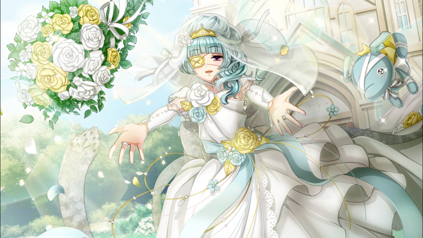 1boy bangs blue_hair blunt_bangs bouquet bow bridal_gauntlets bridal_veil curly_hair dress ekaterina_(senjuushi) eyepatch flower frilled_dress frills game_cg gown half-closed_eyes half_updo long_hair looking_at_viewer male_focus official_art open_mouth otoko_no_ko outdoors outstretched_arms ribbon sash see-through senjuushi:_the_thousand_noble_musketeers smile solo stuffed_toy tiara veil violet_eyes wedding_dress white_dress