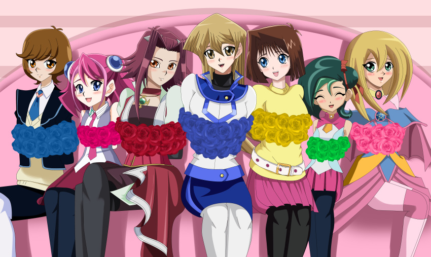 6+girls arms_behind_back blush bound cute dark_magician_girl duel_monsters happy hiiragi_yuzu izayoi_aki kuriboh mazaki_anzu mizuki_kotori_(yuu-gi-ou_zexal) multiple_girls rose roses sincity2100 sitting smile tenjouin_asuka tied_up yu-gi-oh! yuu-gi-ou yuu-gi-ou_5d's yuu-gi-ou_arc-v yuu-gi-ou_gx yuu-gi-ou_vrains yuu-gi-ou_zexal zaizen_aoi