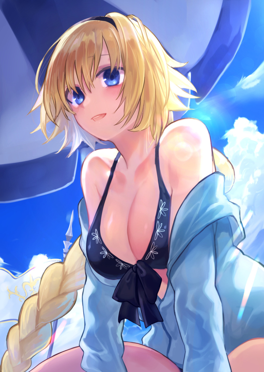 1girl bare_shoulders bikini_top black_bikini_top black_hairband blonde_hair blue_eyes blue_sky braid breasts cleavage clouds day eyebrows_visible_through_hair fate/grand_order fate_(series) flag hair_between_eyes hairband highres jeanne_d'arc_(fate)_(all) jeanne_d'arc_(swimsuit_archer) kuune_(muttey-myg) large_breasts long_hair long_sleeves looking_at_viewer open_mouth parasol single_braid sky smile solo umbrella