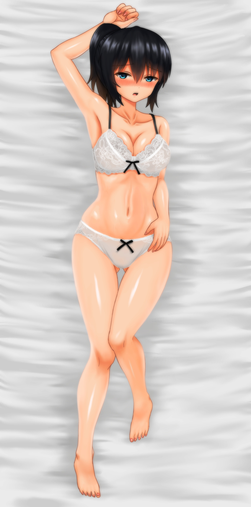 1girl absurdres arm_up armpits artist_name ass_visible_through_thighs barefoot bed_sheet black_hair blue_eyes blush bow bow_bra bow_panties bra breasts cleavage collarbone commentary dakimakura eyebrows_visible_through_hair from_above full_body highres kinnan legs light_frown looking_at_viewer lying medium_breasts medium_hair navel on_back on_bed open_mouth original panties ponytail side_ponytail solo thigh_gap underwear underwear_only white_bra white_panties