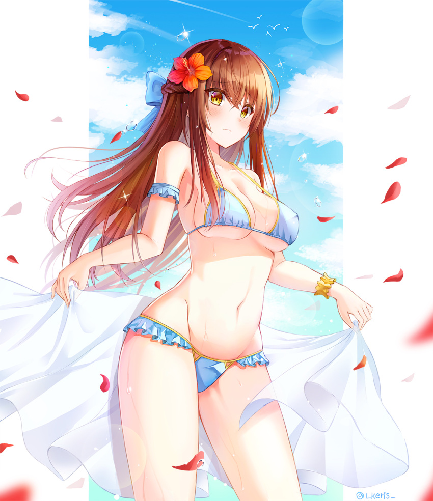 1girl bangs bare_shoulders bikini blue_bikini blue_ribbon blurry blush breasts brown_hair cleavage closed_mouth collarbone commentary cowboy_shot day depth_of_field eyebrows_visible_through_hair floating_hair flower frown groin hair_between_eyes hair_flower hair_ornament hair_ribbon highres lkeris long_hair looking_at_viewer medium_breasts navel orange_flower original outdoors petals ribbon scrunchie sidelocks solo stomach strap_gap swimsuit twitter_username wrist_scrunchie yellow_eyes yellow_scrunchie