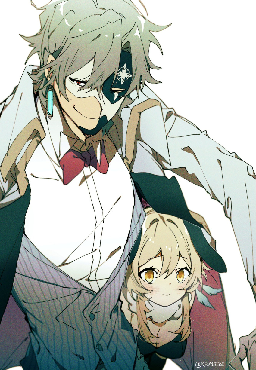 1boy 1girl animal_ears bangs black_leotard blonde_hair breasts closed_mouth coat dottore_(genshin_impact) earrings fake_animal_ears feather_hair_ornament feathers genshin_impact grey_hair grey_vest hair_ornament height_difference highres jewelry kradebii leotard lumine_(genshin_impact) mask playboy_bunny rabbit_ears red_eyes scarf shirt short_hair_with_long_locks sidelocks simple_background single_earring smile vest white_background white_coat white_scarf white_shirt yellow_eyes