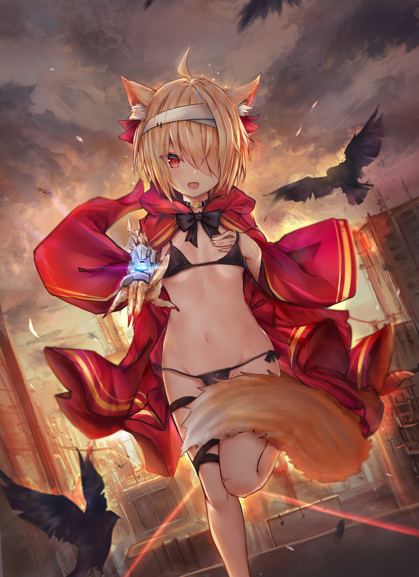 1girl :d absurdres ahoge animal animal_ear_fluff animal_ears bangs bikini bird black_bikini black_choker black_neckwear blush bow bowtie brown_hair choker city cityscape cloak clouds cloudy_sky evening fang fox_ears fox_tail groin hair_over_one_eye hair_ribbon highres hood hood_down hooded_cloak leg_up looking_at_viewer luminous navel open_mouth original outdoors red_cloak red_eyes red_ribbon ribbon short_hair side-tie_bikini sky smile solo stomach sunset swimsuit tail thigh_strap