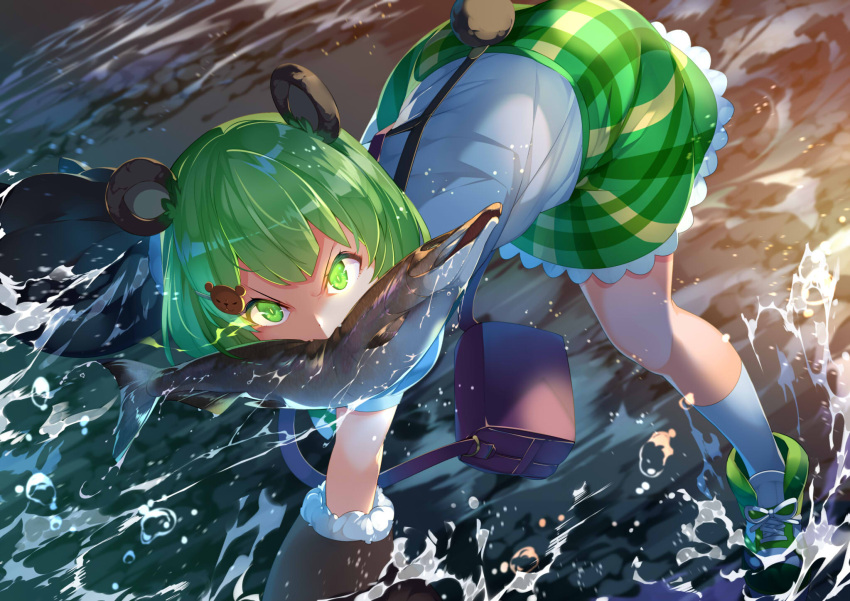 1girl all_fours animal animal_ears animare bag bangs bear_ears bear_girl bear_hair_ornament bear_tail boots commentary_request day eyebrows_visible_through_hair fish fish_in_mouth gloves glowing glowing_eyes green_eyes green_footwear green_hair green_skirt hair_ornament hairclip highres hinokuma_ran kneehighs kokka_han looking_at_viewer mouth_hold outdoors paw_gloves paws plaid plaid_skirt puffy_short_sleeves puffy_sleeves river shirt short_sleeves shoulder_bag skirt solo suspender_skirt suspenders tail v-shaped_eyebrows virtual_youtuber water white_legwear white_shirt