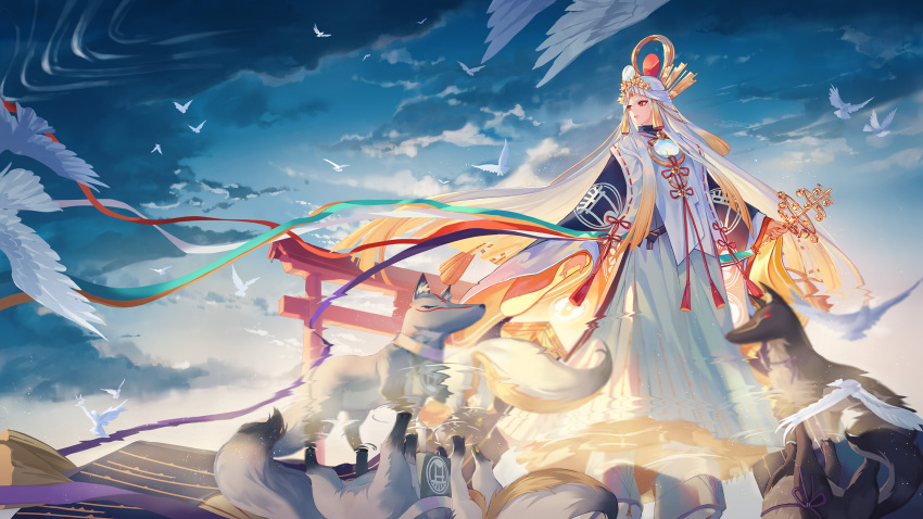 1girl age_progression bangs bell bird blonde_hair closed_mouth clouds commentary_request criin facial_mark fox hair_ornament highres holding japanese_clothes long_hair long_sleeves looking_to_the_side miketsu_(onmyoji) miko mole mole_under_mouth multicolored multicolored_clothes multicolored_hair onmyoji outdoors red_eyes reflection solo standing tail two-tone_hair very_long_hair water white_hair wide_sleeves