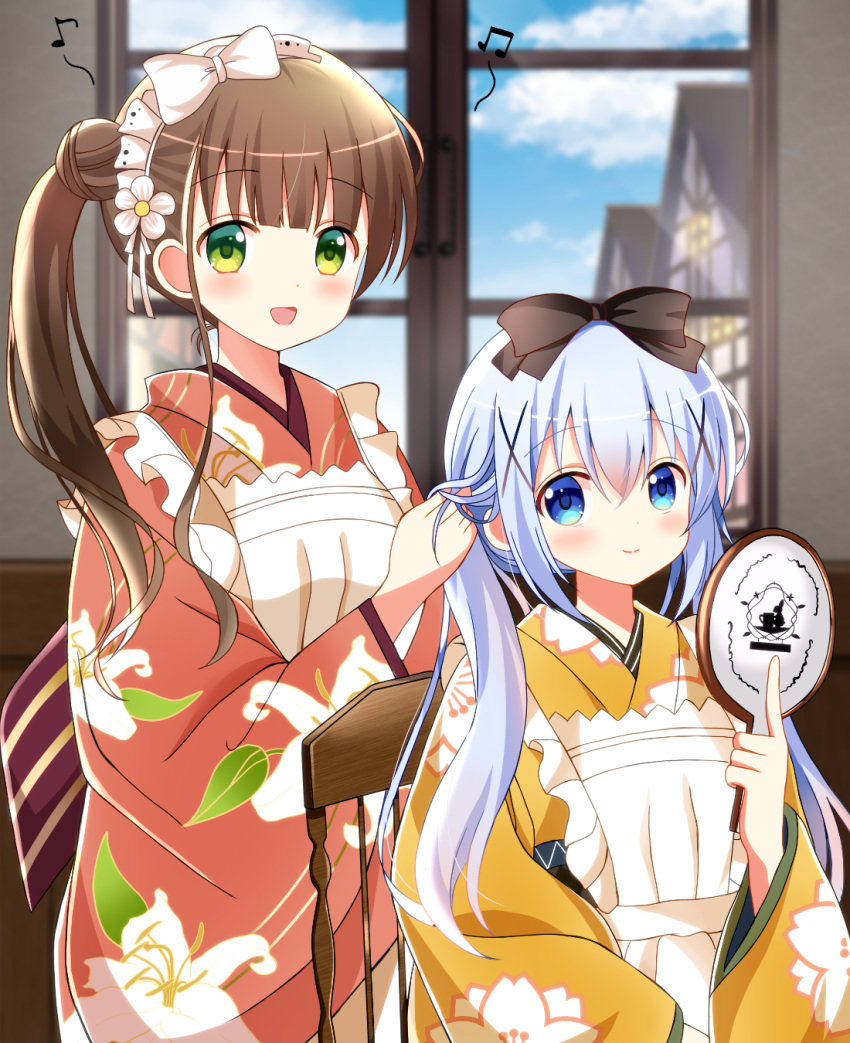 2girls :d apron beamed_eighth_notes blue_eyes blue_hair blue_sky blurry blurry_background blush bow brown_bow brown_hair building chair closed_mouth clouds cloudy_sky commentary_request day eighth_note floral_print flower frilled_apron frills gochuumon_wa_usagi_desu_ka? green_eyes hair_bow hair_bun hair_flower hair_ornament hairdressing hand_mirror highres holding holding_mirror indoors japanese_clothes kafuu_chino kimono long_hair long_sleeves looking_at_viewer maid_apron mirror multiple_girls musical_note on_chair open_mouth orange_kimono print_kimono red_kimono ryoutan side_bun side_ponytail sidelocks sitting sky smile twintails ujimatsu_chiya very_long_hair white_bow white_flower wide_sleeves window x_hair_ornament