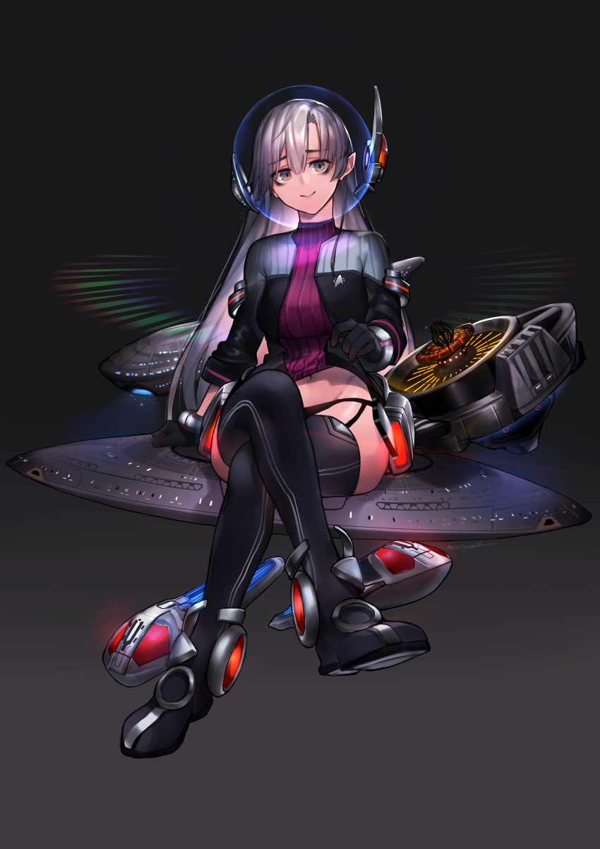 1girl absurdres bangs black_gloves black_legwear boots brown_eyes commentary commission dress english_commentary full_body garter_belt garter_straps gloves grey_background grey_hair headgear highres legs_crossed lifted_by_self long_hair looking_at_viewer mecha_musume navel neonbeat open_clothes open_vest pointy_ears red_dress rigging simple_background sitting skirt skirt_lift smile solo star_trek thigh-highs thigh_boots uss_enterprise_ncc-1701-e very_long_hair vest wrist_cuffs