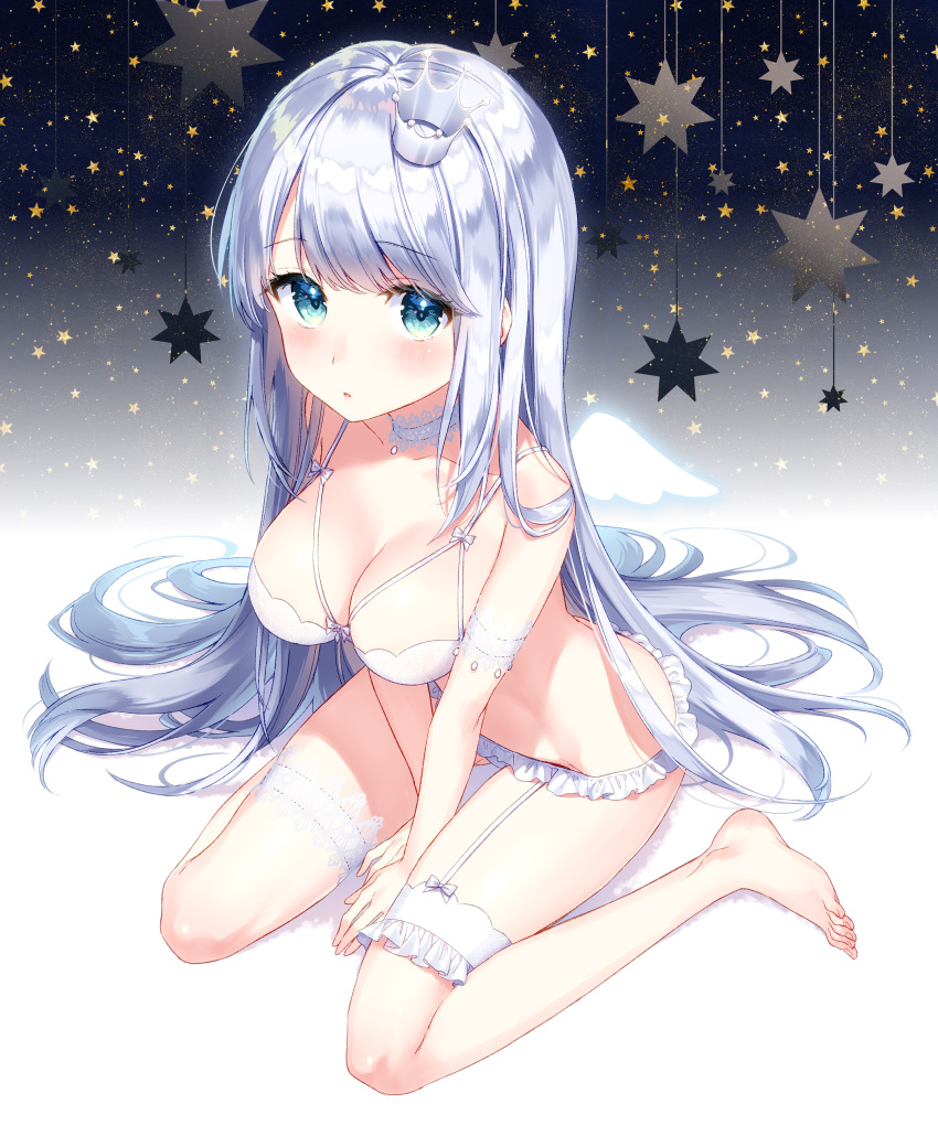 1girl :o absurdres bangs bare_shoulders barefoot between_legs blue_eyes blush bow bow_bra bra breasts choker cleavage cola commentary_request crown eyebrows_visible_through_hair frilled_panties frills full_body garter_straps glowing glowing_wings green_eyes hand_between_legs highres large_breasts long_hair looking_at_viewer masuishi_kinoto medium_breasts mini_crown mini_wings original panties parted_lips silver_hair sitting solo star thigh_strap tilted_headwear toenails underwear underwear_only very_long_hair wariza white_bra white_choker white_panties white_wings wings