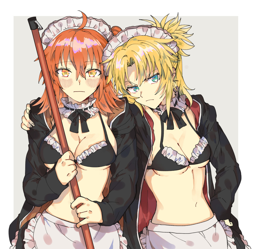 2girls absurdres apron arm_around_shoulder artoria_pendragon_(all) artoria_pendragon_(swimsuit_rider_alter) artoria_pendragon_(swimsuit_rider_alter)_(cosplay) bikini black_bikini black_hoodie blonde_hair blue_eyes blush breasts broom cleavage collar cosplay eyebrows_visible_through_hair fate/grand_order fate_(series) frilled_bikini frilled_collar frills frown fujimaru_ritsuka_(female) hand_on_hip highres hood hoodie isaka looking_at_viewer maid_apron maid_headdress medium_breasts medium_hair mordred_(fate) mordred_(fate)_(all) multiple_girls navel open_clothes open_hoodie orange_eyes orange_hair ponytail raised_eyebrow side_ponytail simple_background stomach swimsuit upper_body white_background