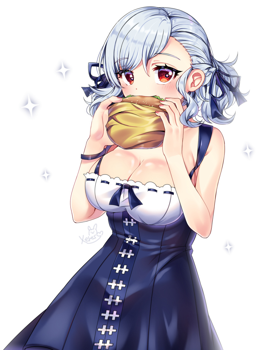 1girl bangs bare_arms bare_shoulders blue_dress blue_ribbon blush breasts cleavage commentary dress earrings eyebrows_visible_through_hair food girls_frontline hair_between_eyes hair_ribbon hamburger heart heart-shaped_pupils highres holding holding_food jewelry large_breasts red_eyes ribbon romaji_commentary signature silver_hair simple_background sleeveless sleeveless_dress solo sparkle spas-12_(girls_frontline) symbol-shaped_pupils two_side_up white_background xes_(xes_5377)
