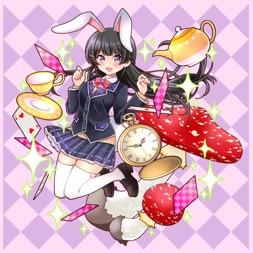 1girl :d animal_ears argyle argyle_background bangs black_footwear black_hair black_jacket blazer blue_skirt blush bow bowtie braid breasts brown_sweater card checkered collared_shirt commentary_request cup eyebrows_visible_through_hair floating_hair french_braid full_body hair_ornament hairclip hands_up highres jacket kawanobe legs_up loafers long_hair long_sleeves looking_at_viewer miniskirt mushroom nijisanji open_mouth pink_neckwear plaid playing_card pleated_skirt pocket_watch rabbit_ears saucer shirt shoes sidelocks skirt smile solo sparkle sweater teacup teapot thigh-highs tsukino_mito undershirt violet_eyes virtual_youtuber watch white_legwear white_shirt wing_collar zettai_ryouiki