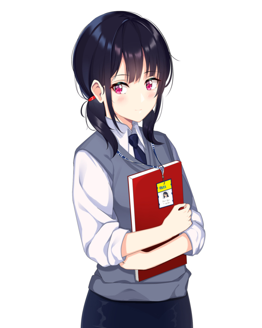 1girl bangs black_hair black_neckwear black_skirt blush book closed_mouth collared_shirt eyebrows_visible_through_hair grey_vest hair_over_shoulder hair_tie highres holding holding_book lanyard long_hair long_sleeves looking_at_viewer necktie original pencil_skirt pink_eyes r3d school_uniform shirt sidelocks simple_background skirt sleeves_pushed_up smile solo upper_body vest white_background white_shirt