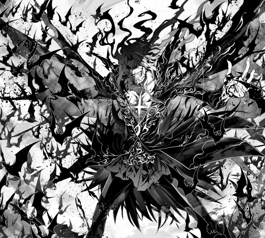 1boy bat bat_wings beard black_sclera commentary_request evil_smile facial_hair fangs fate/apocrypha fate/grand_order fate_(series) glowing glowing_eye greyscale highres ishida_akira laughing long_hair male_focus monochrome pointy_ears scar smile solo too_many vampire vlad_iii_(fate/apocrypha) wings